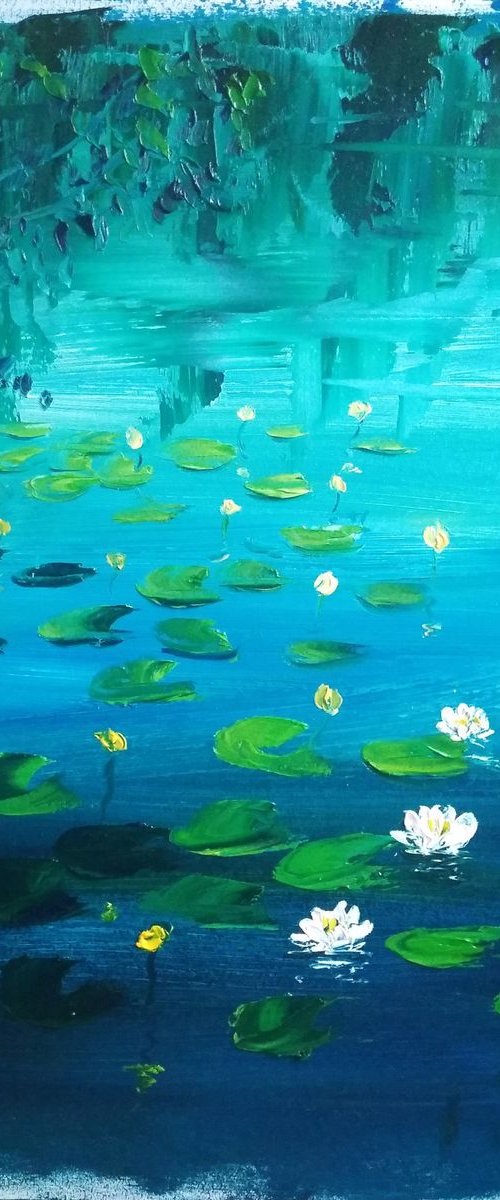 Waterlilies at the river. Pleinair painting by Dmitry Fedorov