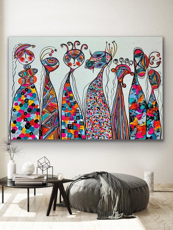 78''x 50''(200x125cm), Friends 45, blue, pink, red, orange, green black, land earth colors canvas art  - xxxl art - abstract art painting- extra large art