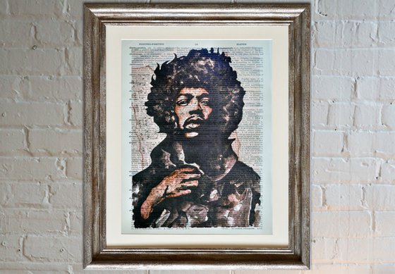 Jimi Hendrix Hand - Collage Art on Large Real English Dictionary Vintage Book Page