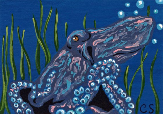 ACEO ATC Original Painting Octopus Marine Wildlife Art-Carla Smale
