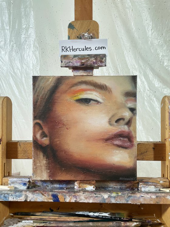 Kristin | yellow blond female contemporary portrait of model oil paint on canvas Painting by RKH