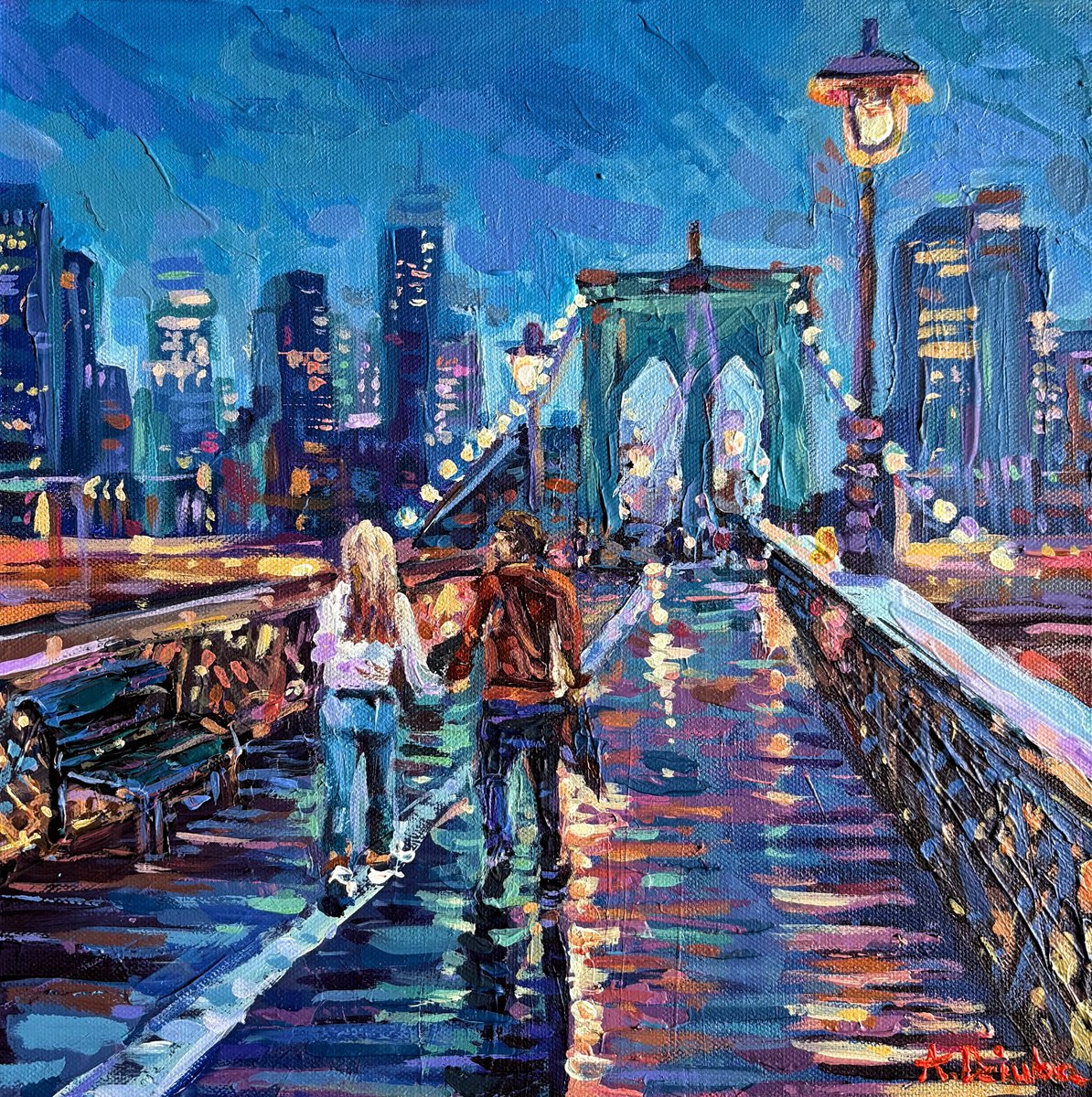 Impressionistic Cityscapes Acrylic Painting By Adriana Dziuba, 12 X 12, Brooklyn Bridge Walk, New York, Original Artwork