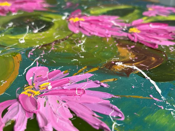 Water Lily Painting Floral Original Art Lotos Flower Oil Impasto Canvas Artwork Home Wall Art 14 by 18" by Halyna Kirichenko