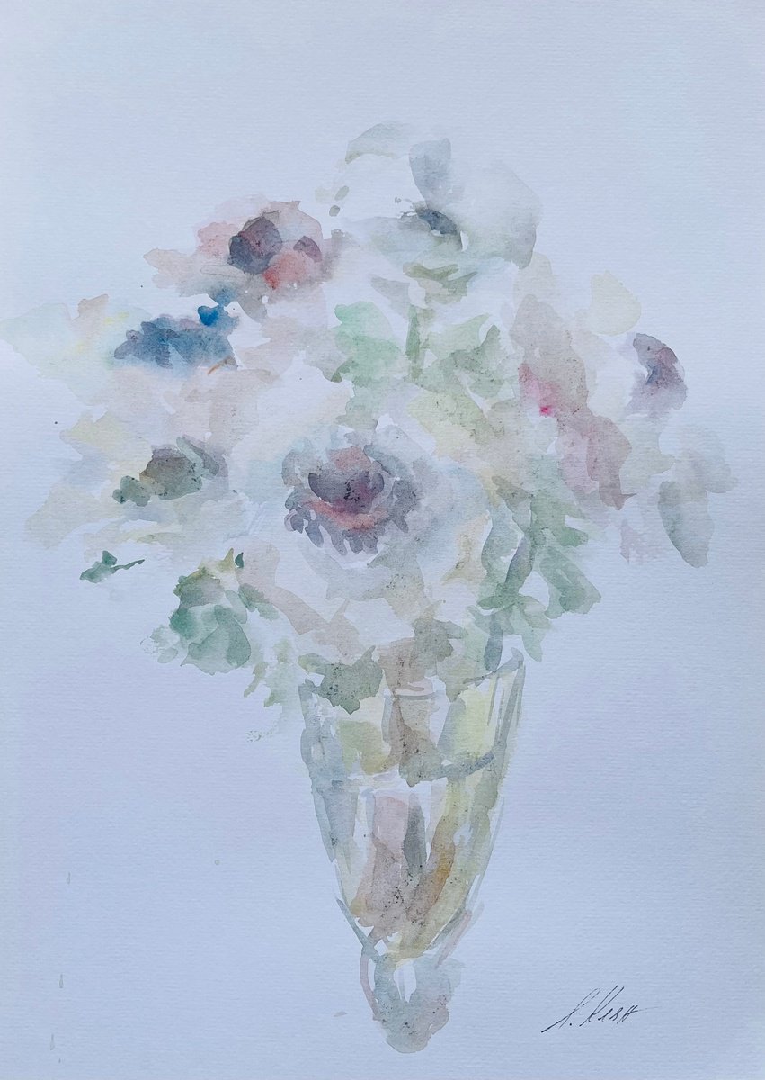 Impressionistic Botanical Watercolour By Elena Klyan, 12 X 16, Anemones 30X42 Cm 2025, Original Artwork