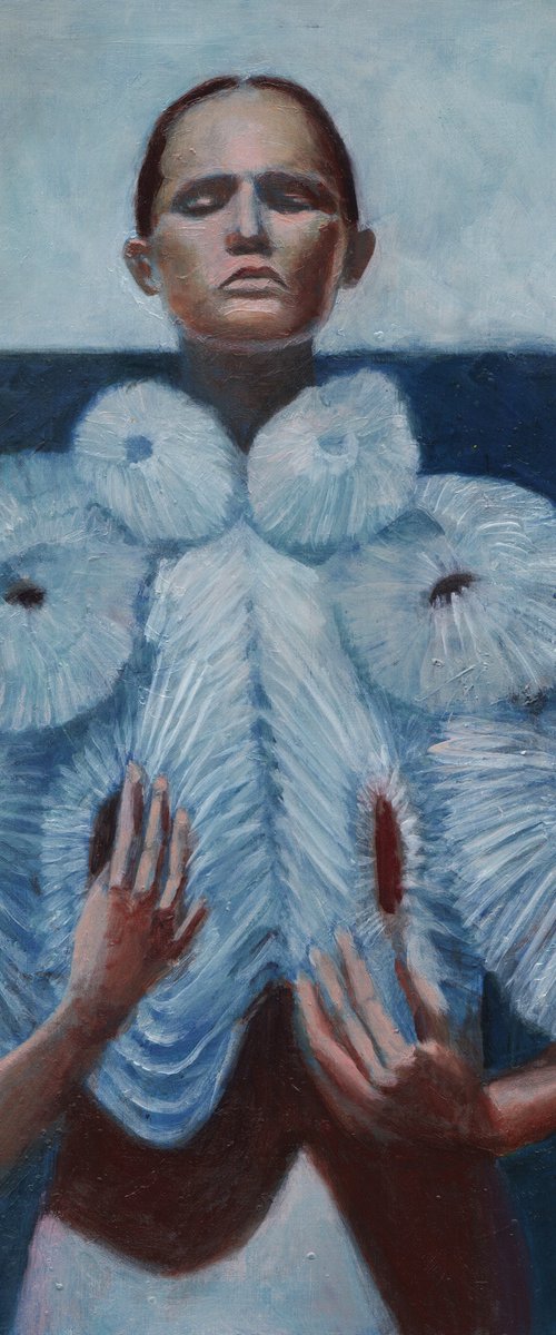 contemporary painting of fashion model in blue and white colors by Renske Karlien Hercules