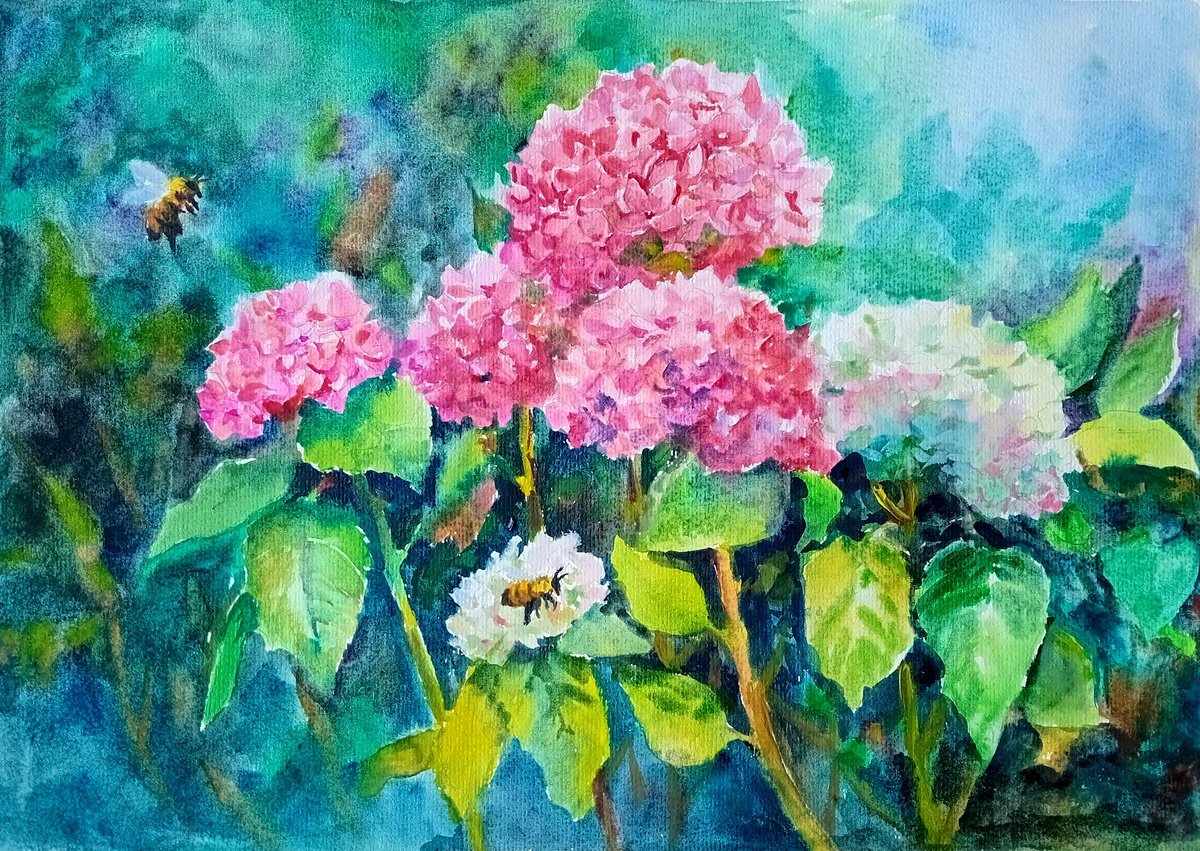 Impressionistic Botanical Watercolour By Ann Krasikova, 17 X 11, Hydrangeas Flowers, Original Artwork