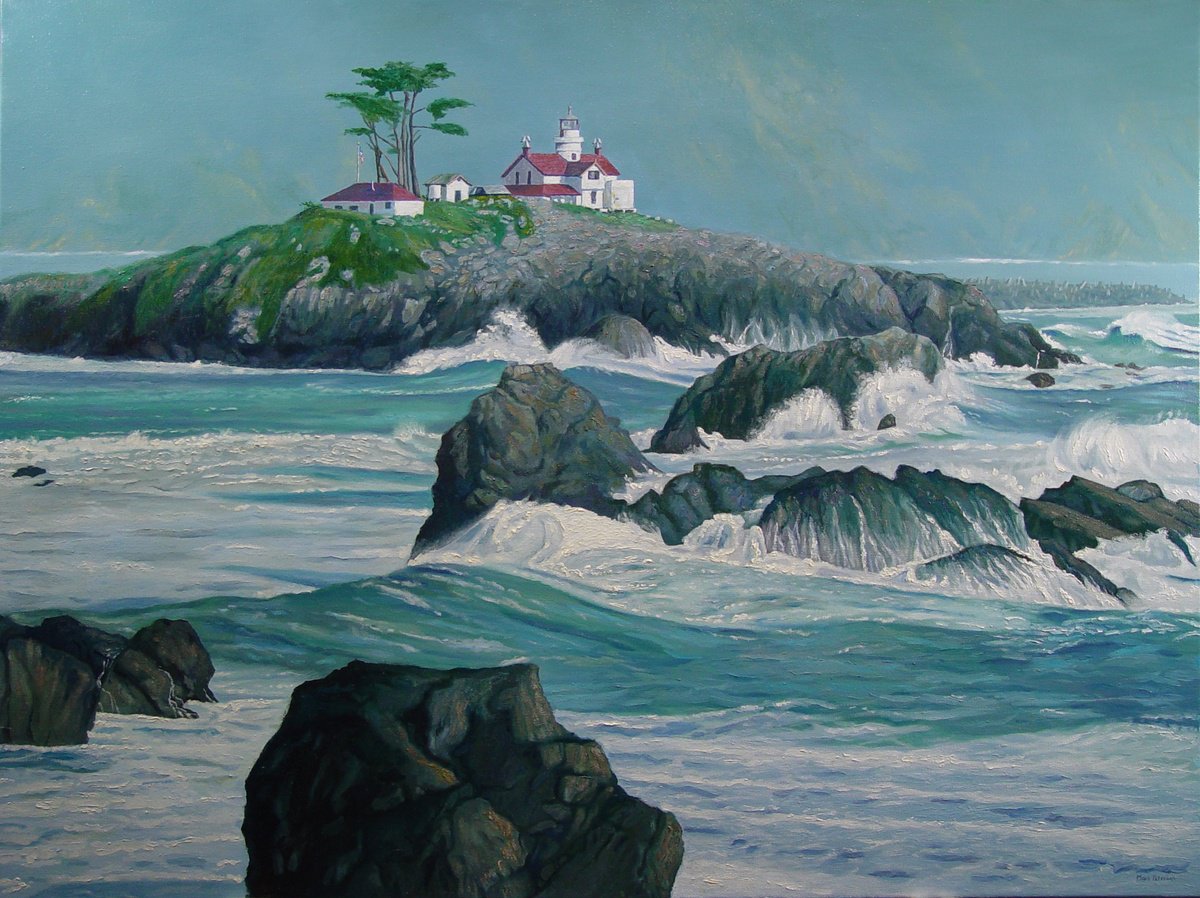 Photorealistic Landscape Oil Painting By Mark Peterson, 40 X 30", Battery Point Lighthouse, Original Artwork