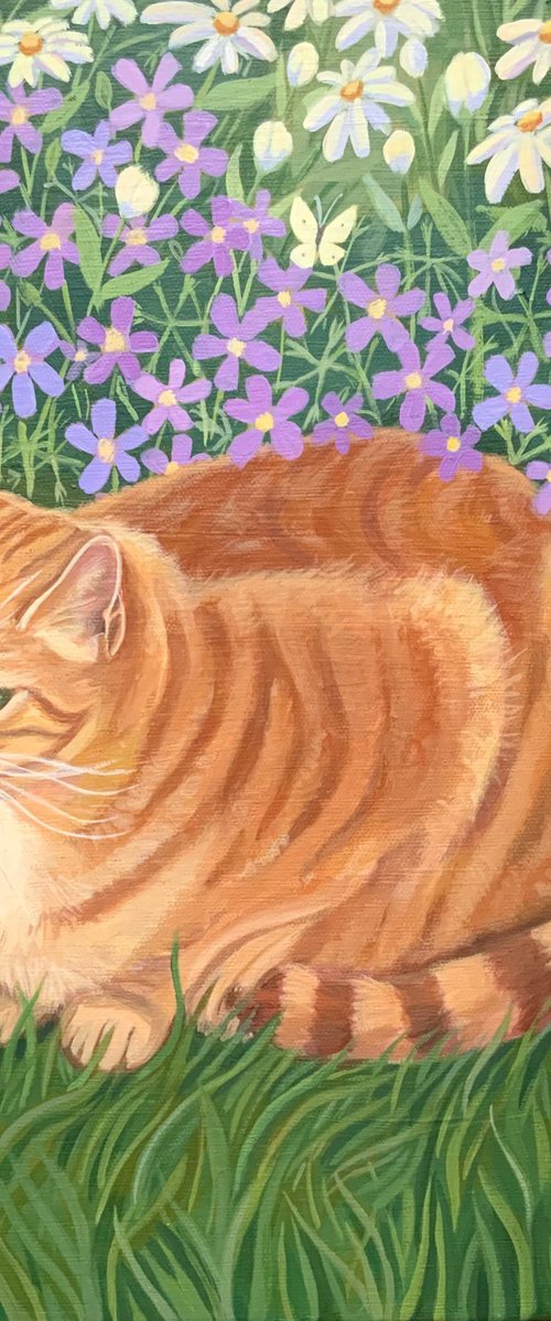 Ginger cat in Summer garden by Mary Stubberfield