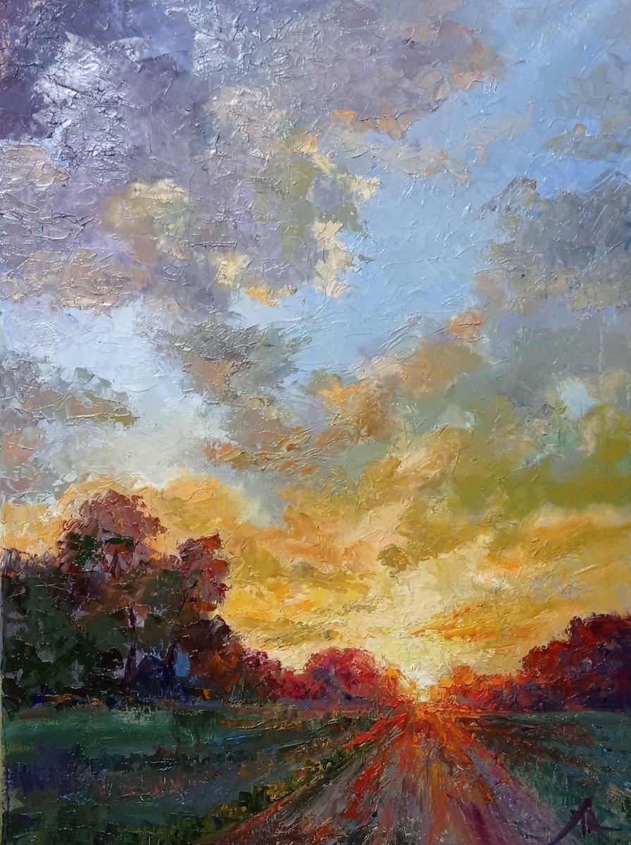 Impressionistic Landscape Oil Painting By Liubov Ponomarova, 18 X 24", Sunset, Original Artwork