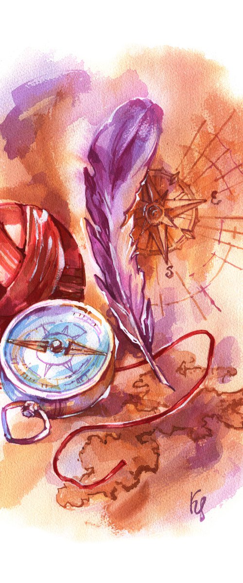 "Old map and guiding thread" original watercolor artwork travel illustration by Ksenia Selianko