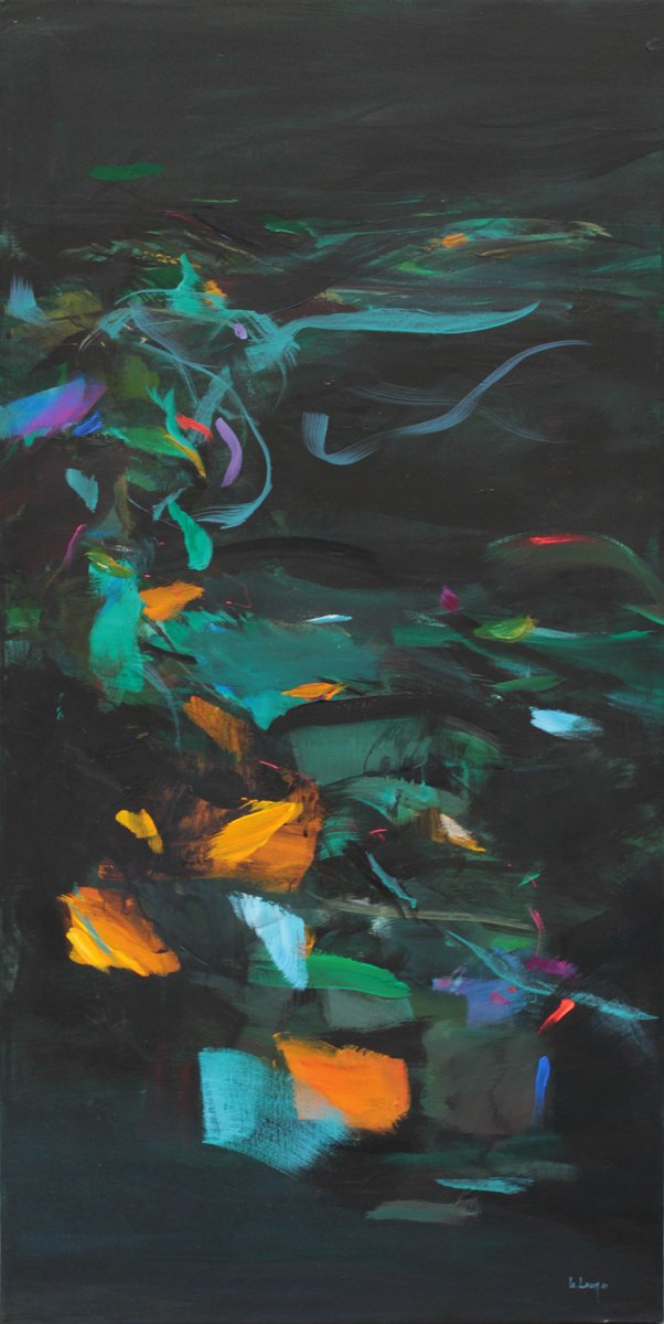 Expressive Abstract Acrylic Painting By Ute Laum, 20 X 39", Moonlight Serenade, Original Artwork