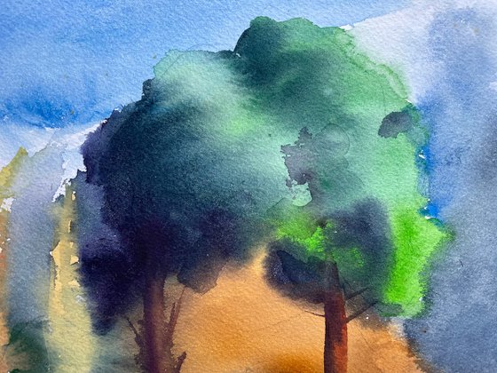 Greek Original Watercolor Painting, Abstract Landscape Artwork, Forest House Wall Art, European Home Decor