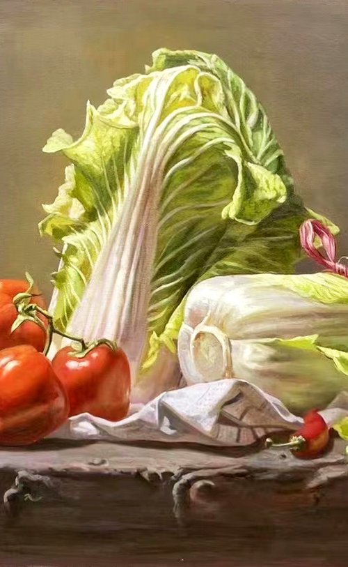 Still life:Chinese cabbage and tomato by Kunlong Wang