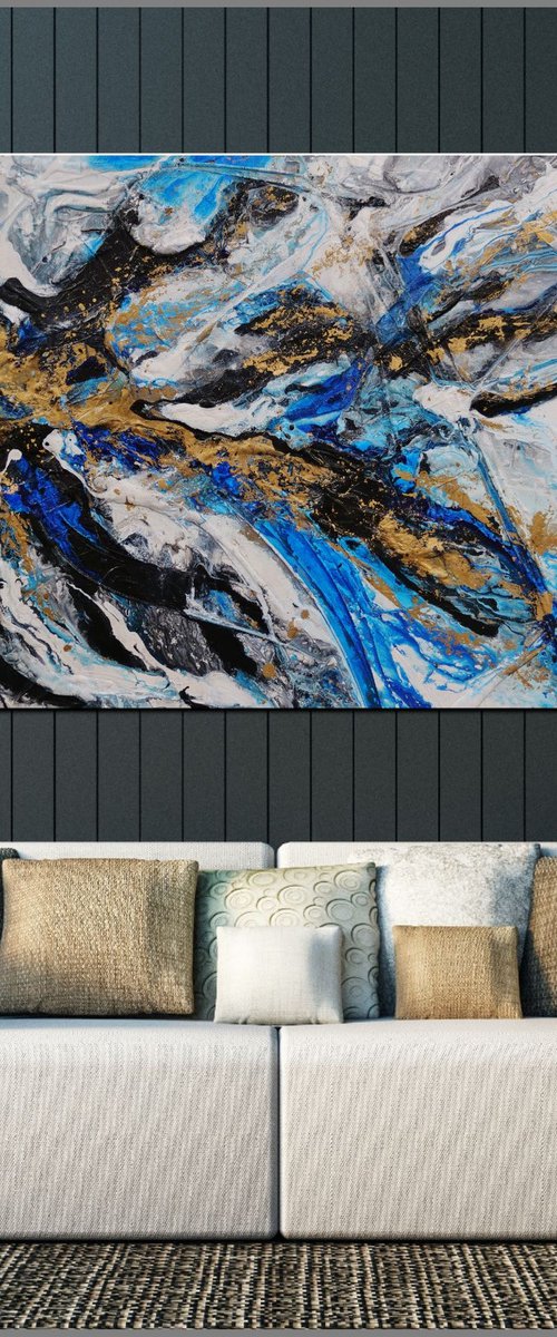 Golden Blue 190cm x 100cm Blue White Gold Abstract Art by Franko