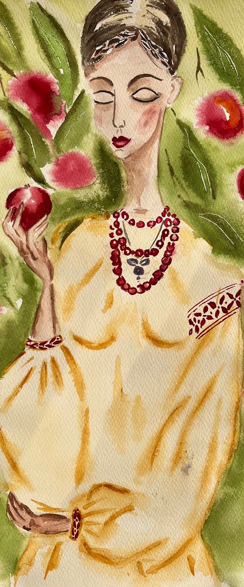 Apple from father's garden - Ukrainian woman original watercolor by Halyna Kirichenko