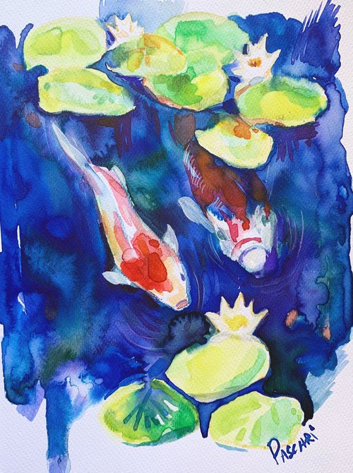 Water lilies with koi fish by Olga Pascari