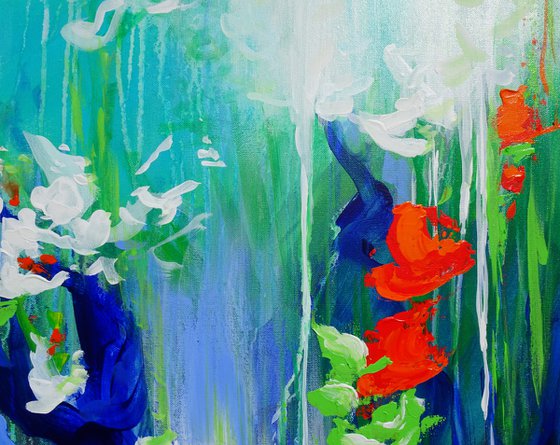 Abstract Flowers Modern Floral Landscape Painting. Blue, Red, Green, Violet, Teal, Abstract Tropical Flowers and Birds. Original Botanical Garden Painting on Canvas. Modern Impressionistic Art