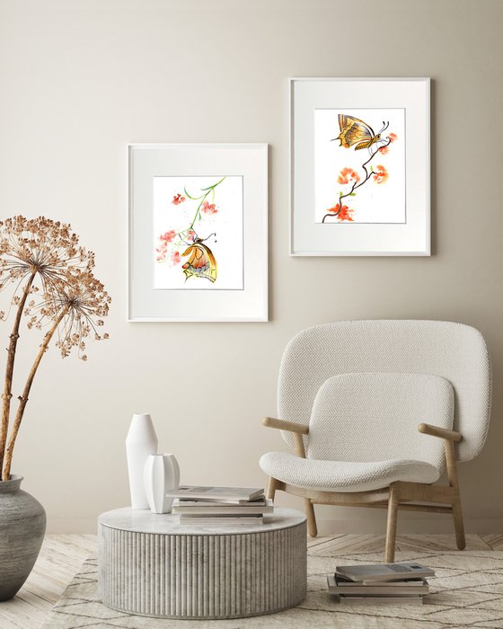 Butterfly and plant -  Set of 2 mounted original watercolor paintings