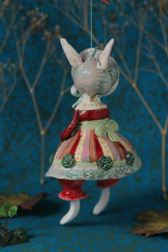 Rabbit mom, hanging sculpture, bell doll by Elya Yalonetski