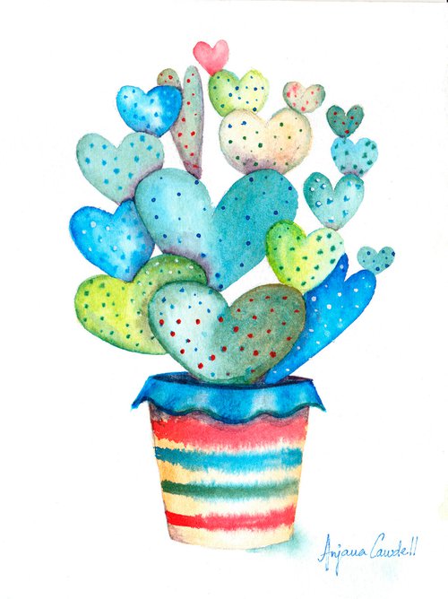 Cactus, Original Watercolour Painting, Cactus Wall Art, Valentine's Day Gift, Heart painting by Anjana Cawdell