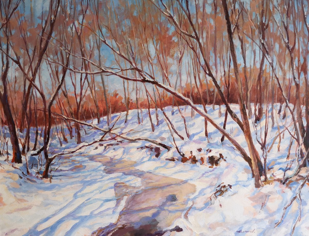 Impressionistic Landscape Acrylic Painting By Alexander Koltakov, 24 X 18, Dreaming River, Original Artwork