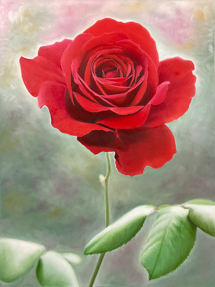 Impressionistic Botanical Oil Painting By Alla Kallass, 30 X 40, Rosa Amoris. Red Rose, Original Artwork