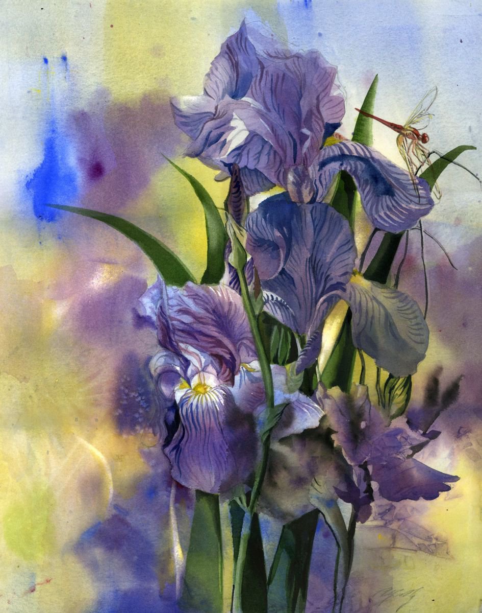 Impressionistic Botanical Watercolour By Alfred Ng, 17 X 21, Red Dragonfly, Original Artwork