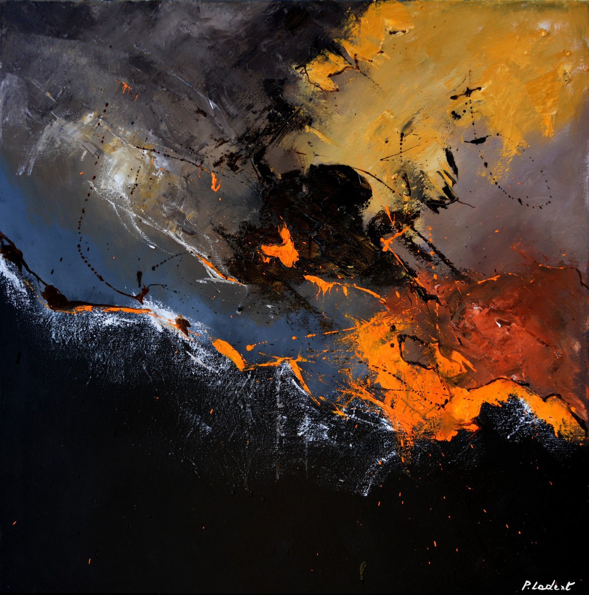 Abstract Oil Painting By Pol Henry Ledent, 28 X 28", Molten Gold, Original Artwork