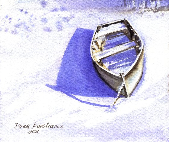 Boat at the winter river original watercolor painting blue sky painting small format gift idea