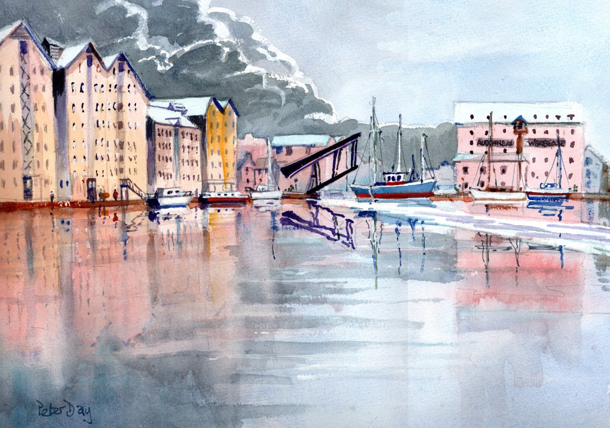 Impressionistic Landscape Watercolour By Peter Day, 17 X 13", Gloucester Docks, Original Artwork