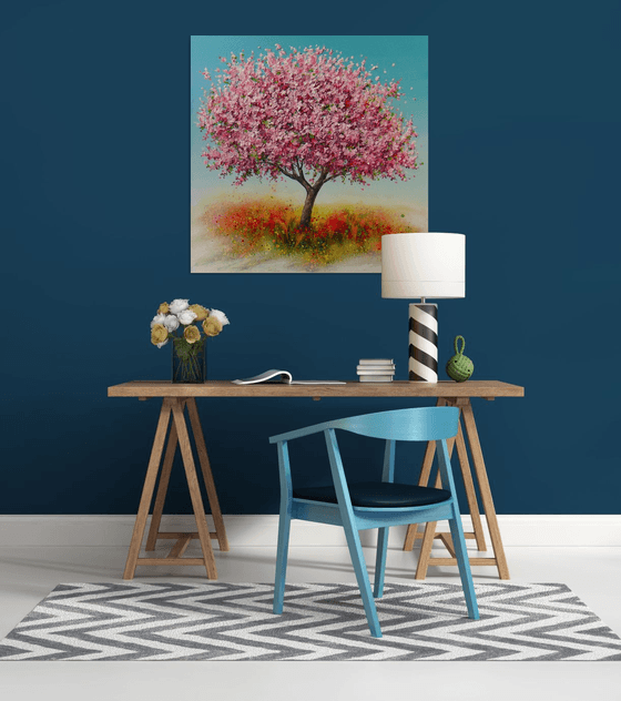 ”Spring Blooming Tree” 35.4" Large Mixed Media Painting