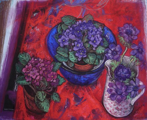Still life African Violets on red background by Patricia Clements