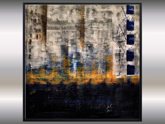 Golden Reflections  - abstract acrylic painting, canvas wall art, blue grey, framed modern art