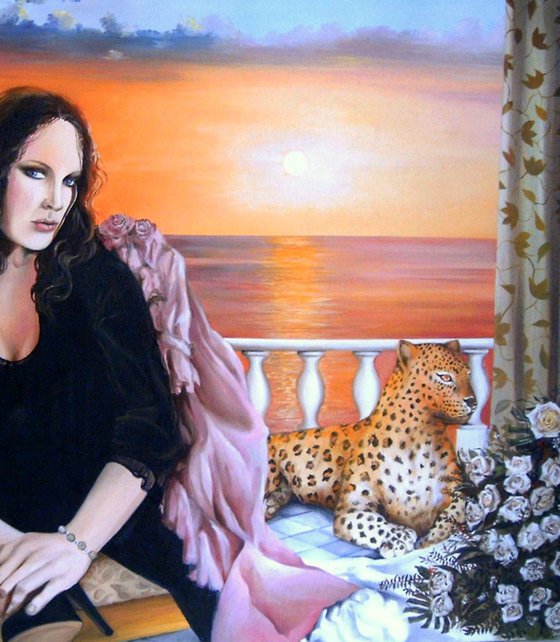 Lady with leopard - original painting - oil - landscape