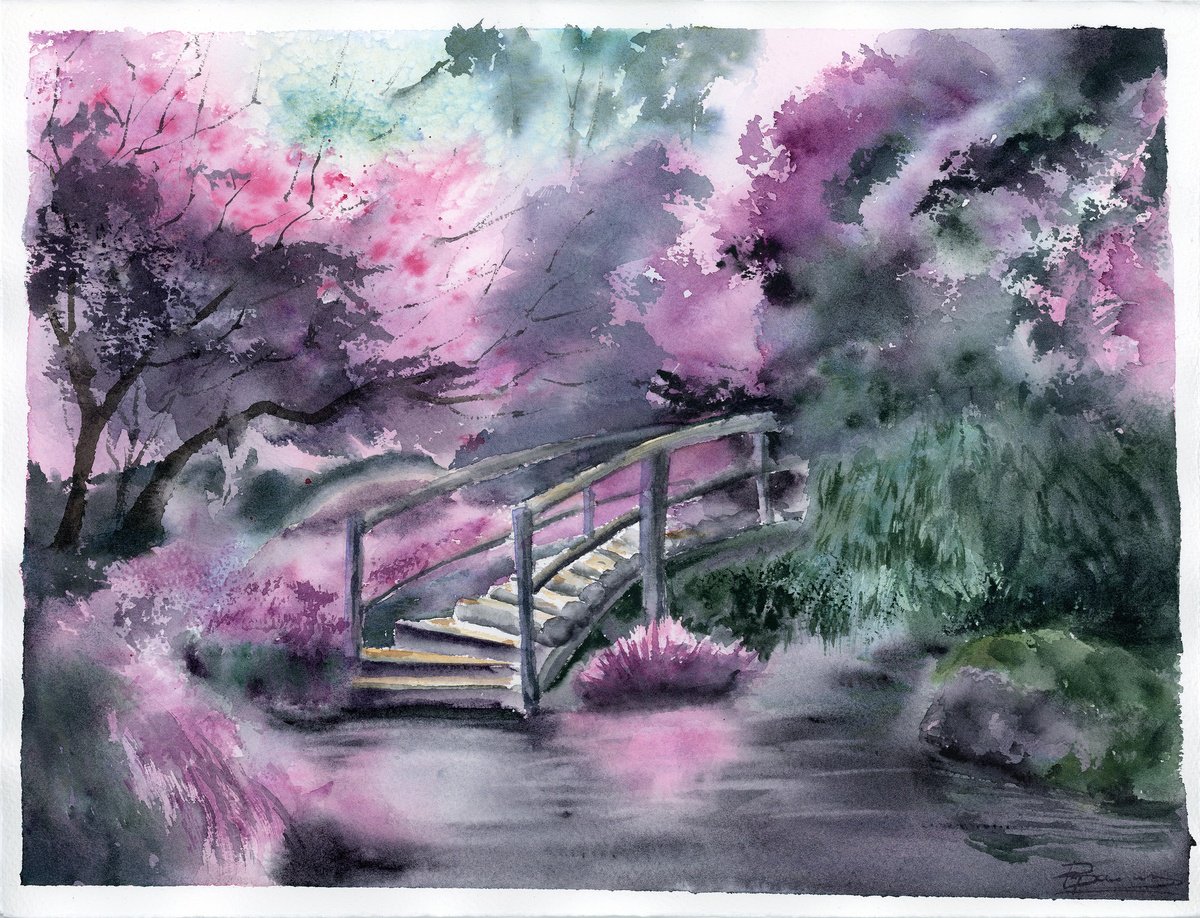 Impressionistic Watercolour , Blossom Bridge By Olga Tchefranov (Shefranov), 15 X 11, Artwork For Sale On Artfinder