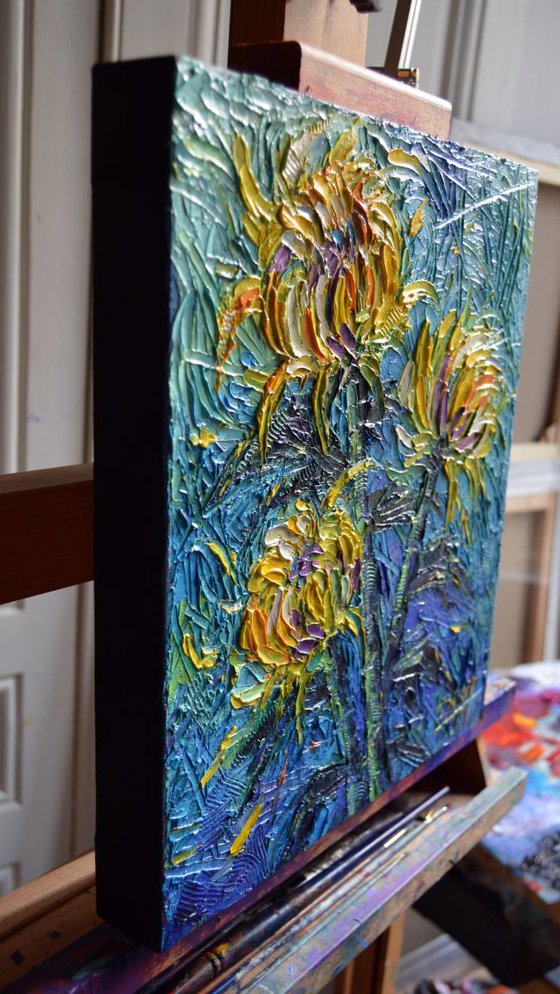 Chrysanthemums Etude - modern impressionist palette knife painting on canvas
