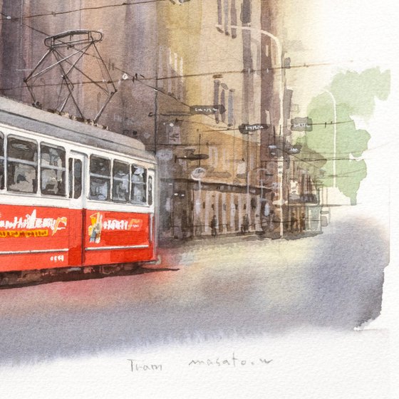 Red and White Tram - 40x30cm Watercolor