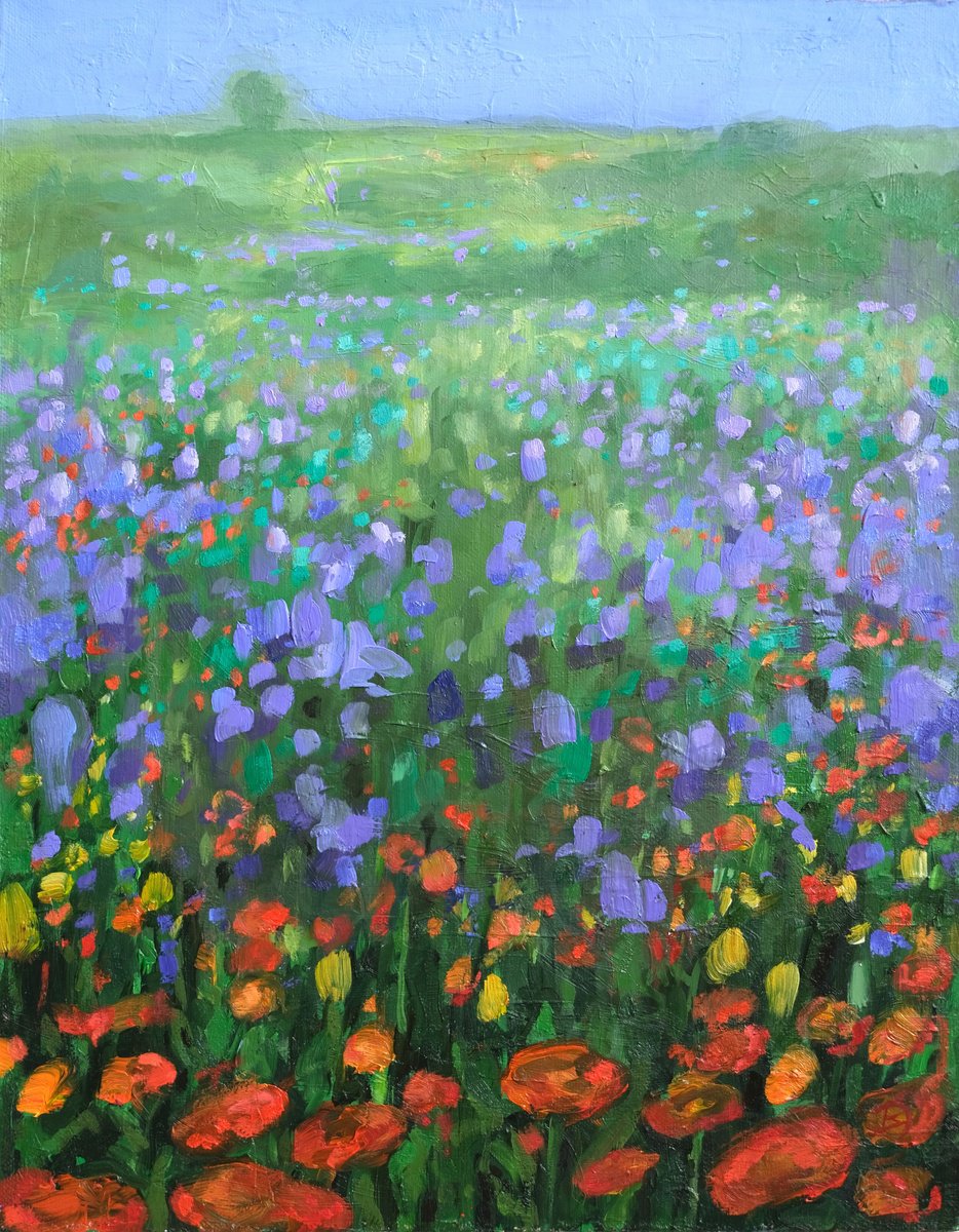 Organic Botanical Oil Painting By Kerry Lisa Davies, 11 X 14", Over The Flower Field, Original Artwork