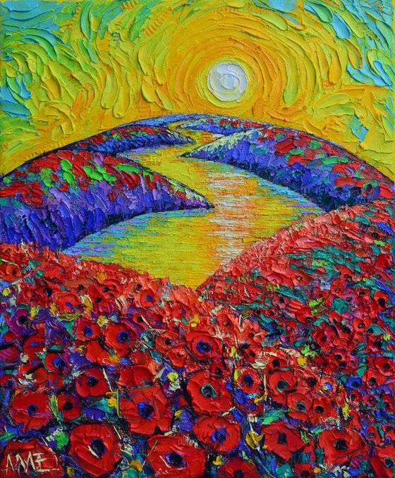 BLOOMING PLANET SUNRISE poppies abstract landscape textural impressionist impasto palette knife oil painting by Ana Maria Edulescu