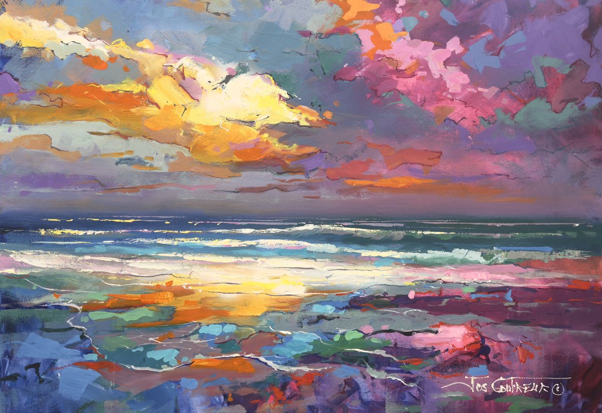 Organic Landscape Acrylic Painting By Jos Coufreur, 42 X 28, Seascape 5, Original Artwork