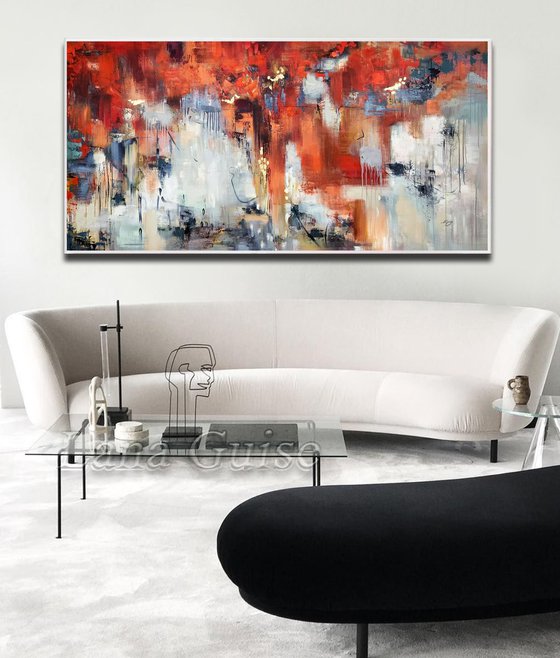 Turn Over - Extra Large Abstract Painting 80" x 40" , Oversize Canvas, Red, Gray, Gold Leaf Soft Colors White Gray Painting
