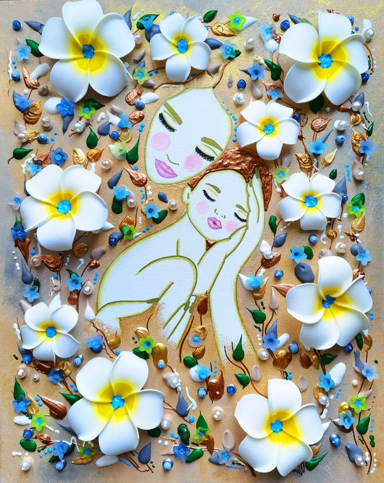 Mother Earth and baby. Summer floral woman with white flowers