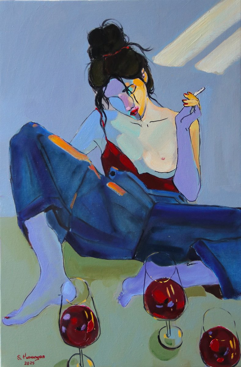 Abstract Oil Painting By Sirarpi Hunanyan, 16 X 24", Blue, Original Artwork