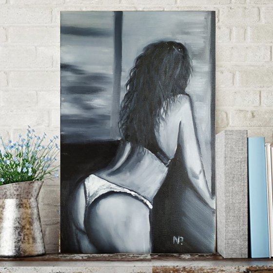 One man's dream, original nude erotic girl black and white oil painting