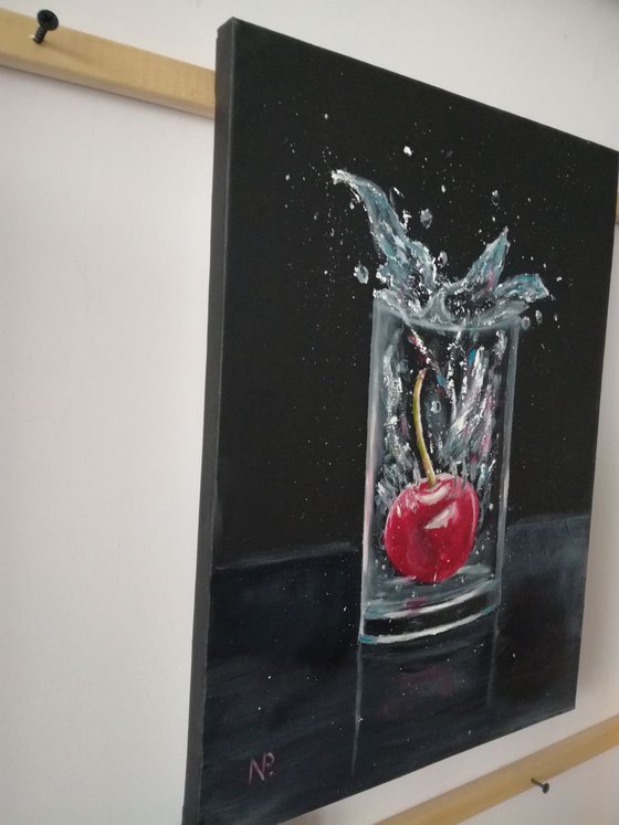 Cherry, glass, water, splash, original oil painting