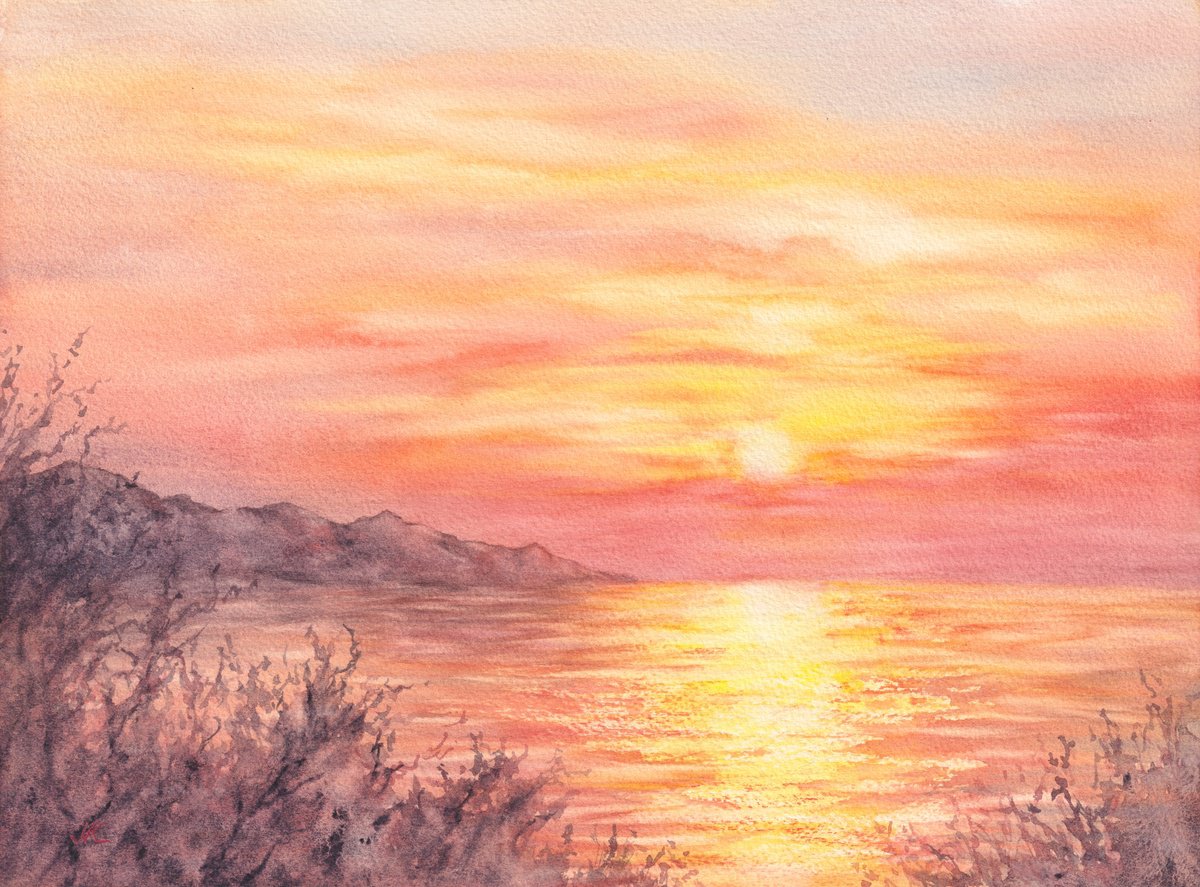 Impressionistic Landscape Watercolour By Kateryna Nazarenko, 12 X 9", Golden Sunset, Original Artwork