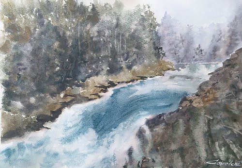 landscape with small waterfall by Elena Gaivoronskaia