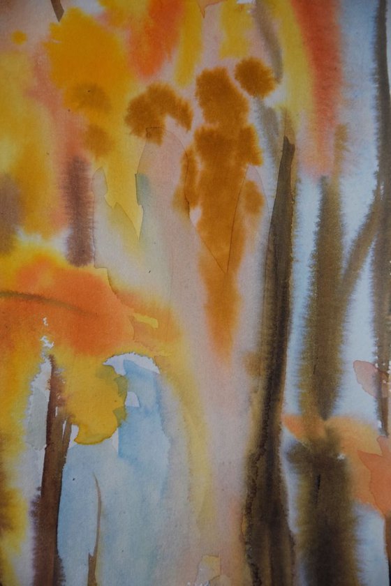 Watercolor painting Golden autumn forest