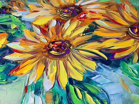 Sun Flowers Oil Painting - Sun Jewels - Textured Palette Knife