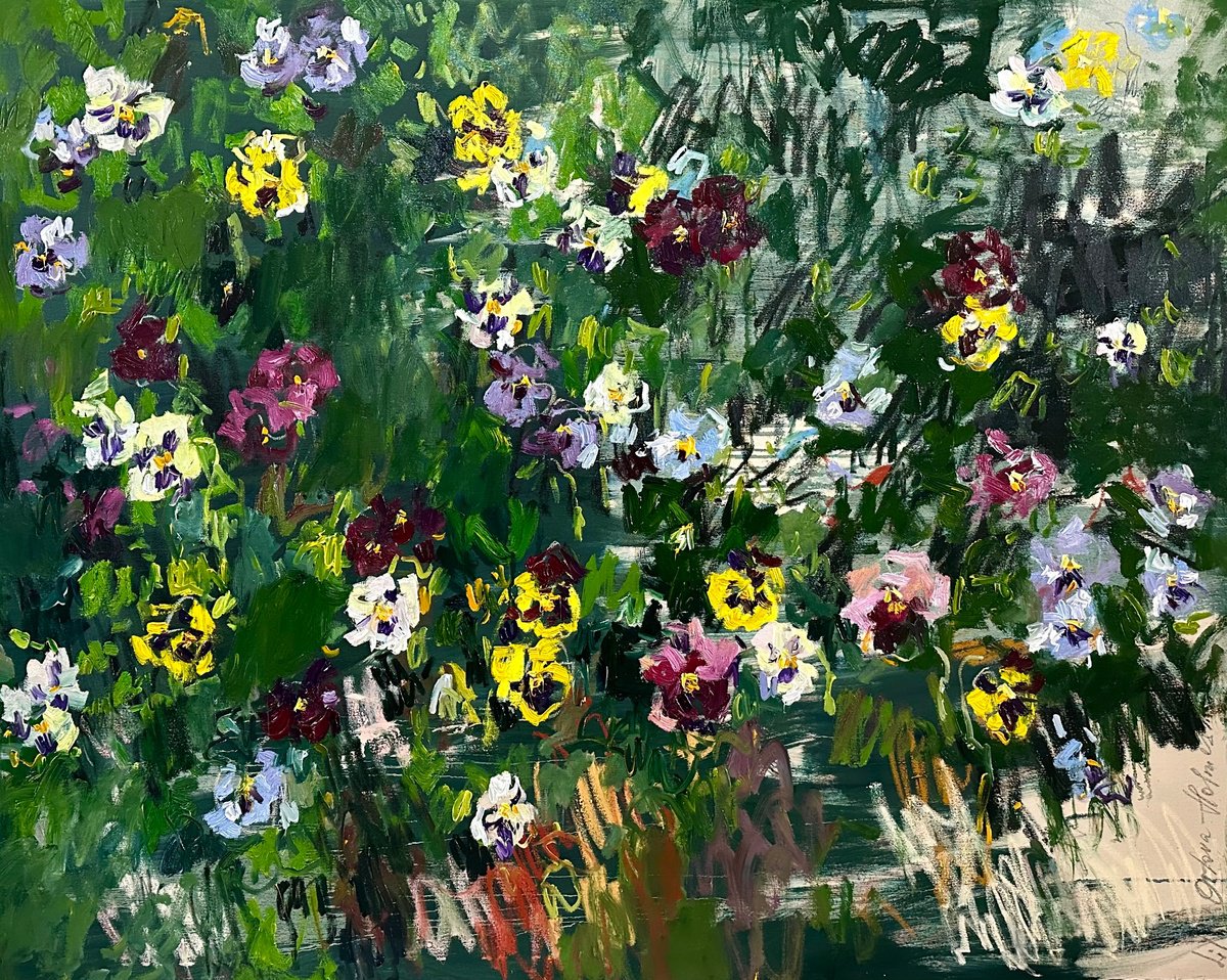 Expressive Botanical Oil Painting By Lilia Orlova-Holmes, 59 X 47", Pansies, Original Artwork